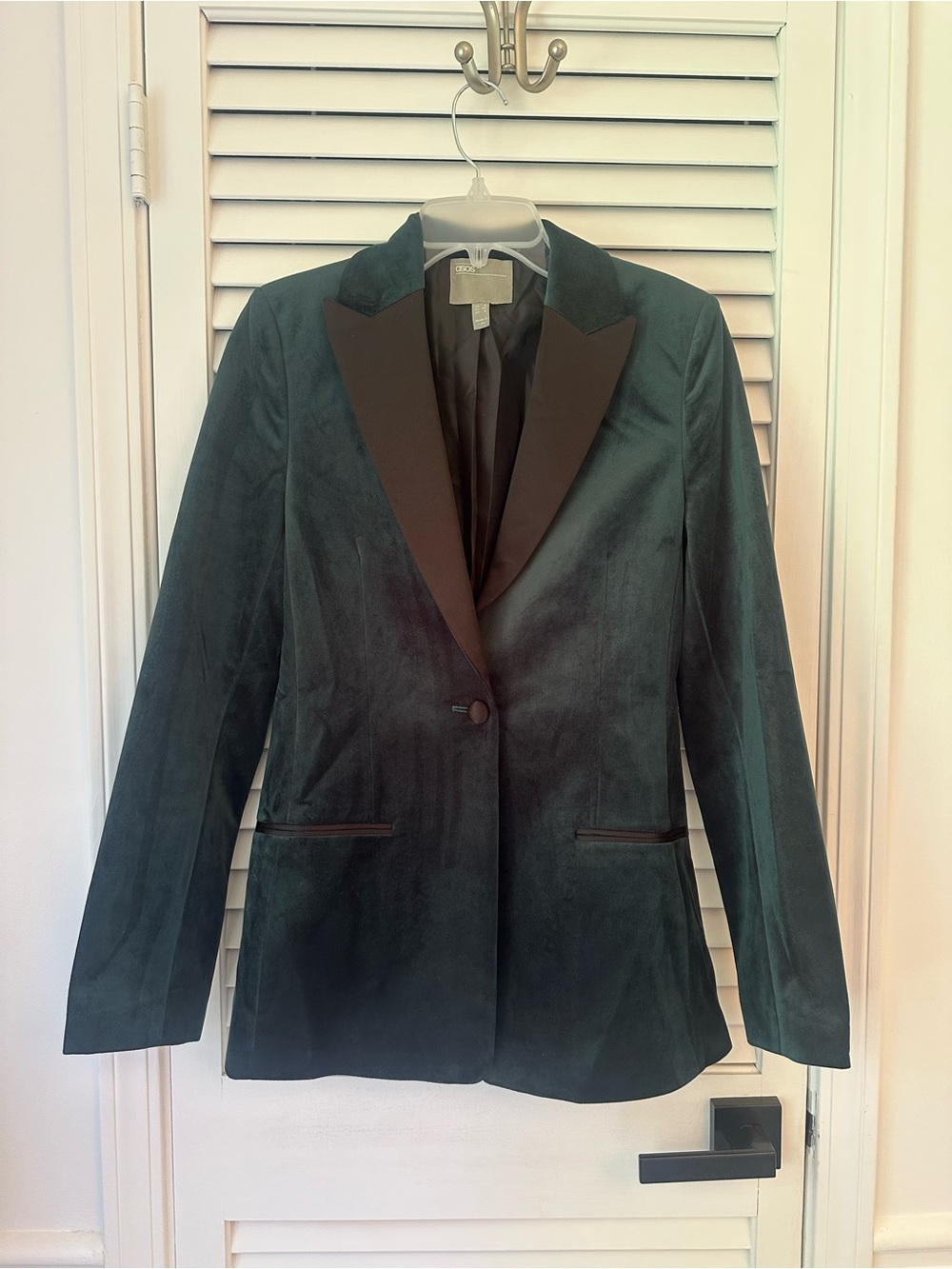 ASOS Velvet Single-Button Blazer in Deep Green with Black Satin Lapels